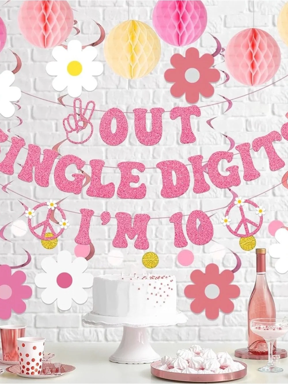 Out of Single Digits I'm 10 Pink Party Banner and Hanging Decorations -